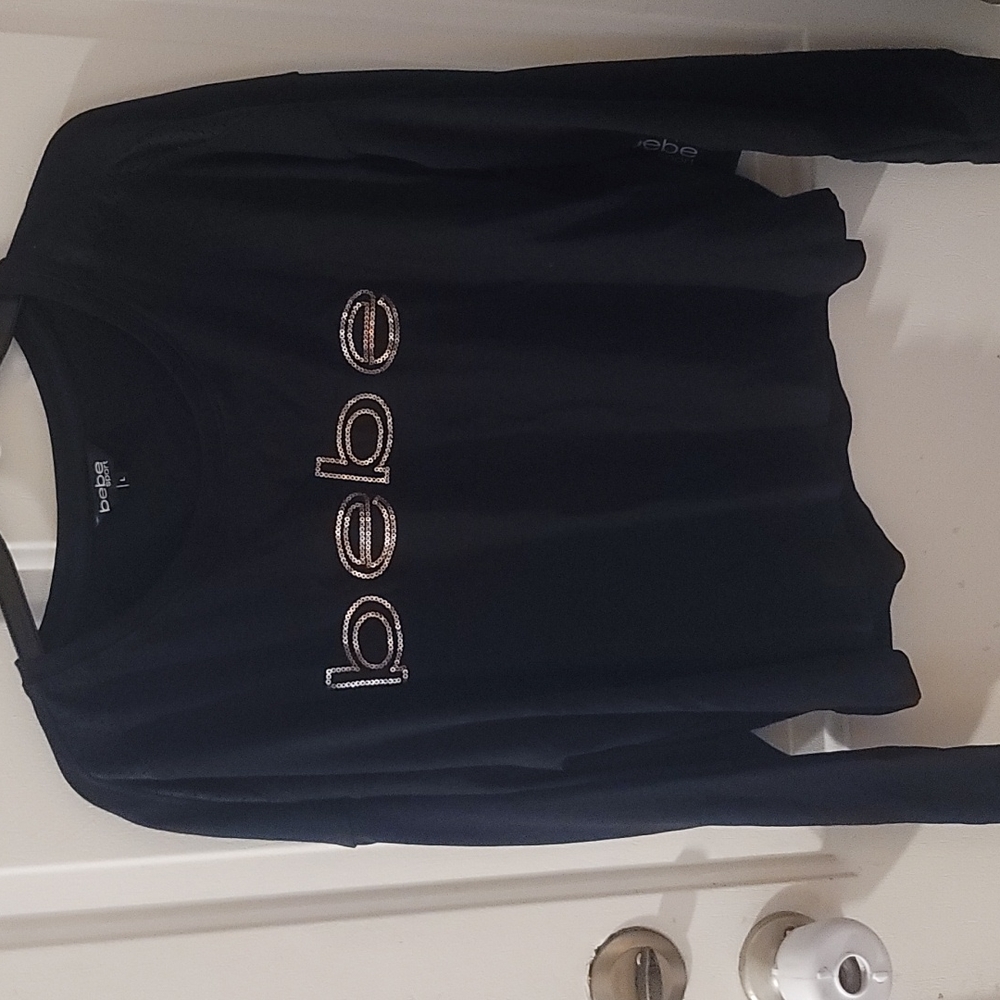 BEBE SPORT SEQUIN LOGO CROP LONG SLEEVE TEE: BLACK: NWT: SZ L